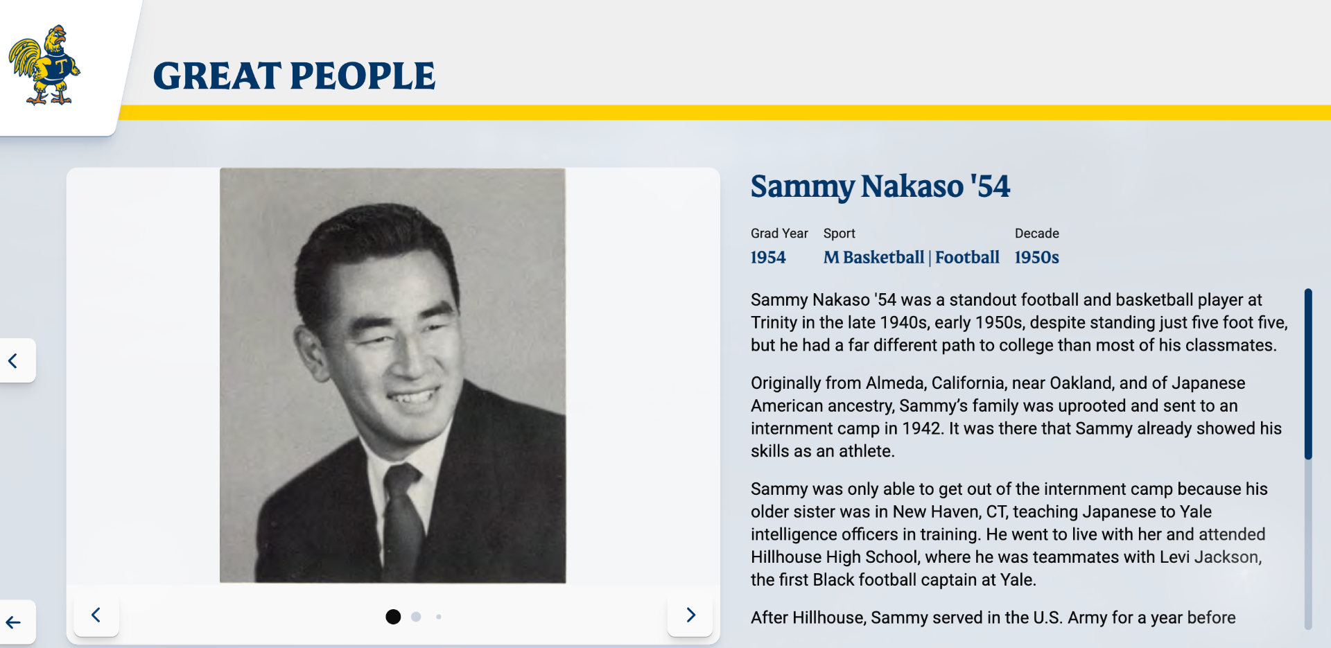 Great People profile for Sammy Nakaso '54, a standout football and basketball player at Trinity College.