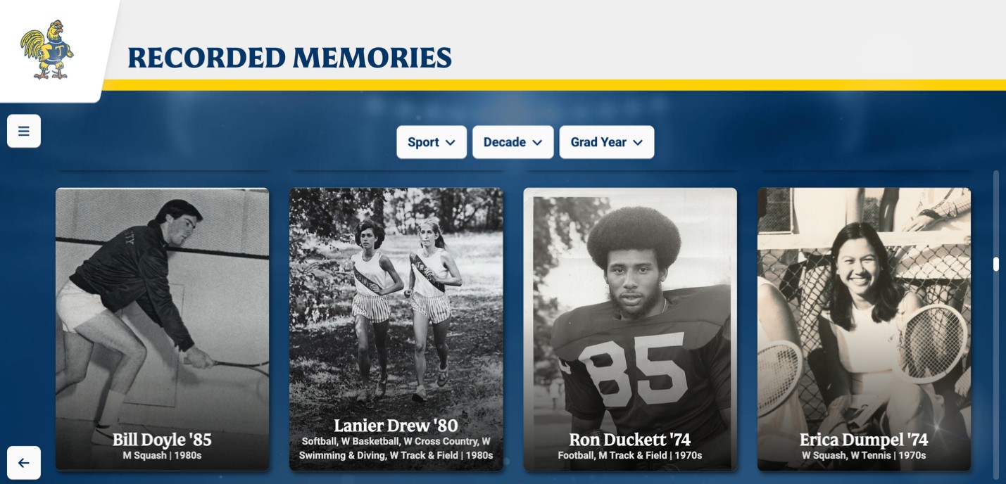 Recorded Memories grid showing Bill Doyle '85, Lanier Drew '80, Ron Duckett '74, and Erica Dumpel '74.