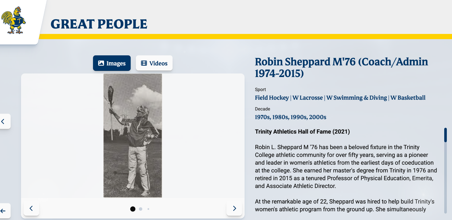 Great People profile for Robin Sheppard M'76, a pioneering coach and administrator in Trinity women's athletics.