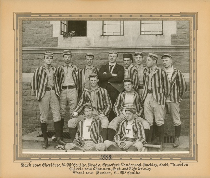 Trinity team photograph from 1888 showing players in striped jerseys with their manager.