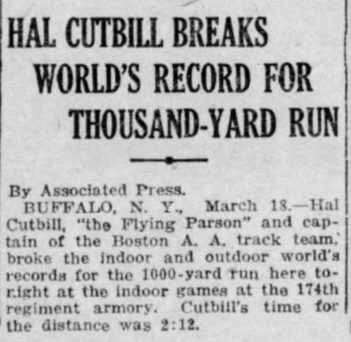 Newspaper clipping headlined 'Hal Cutbill breaks world's record for thousand-yard run,' an Associated Press report from Buffalo, New York, dated March 18.