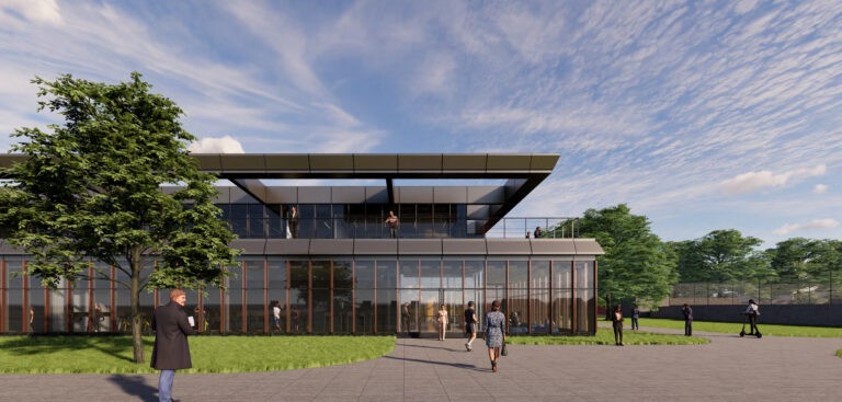 Architectural rendering of Trinity College's new Scully Wellness & Recreation Center — a modern, glass-fronted athletic building.