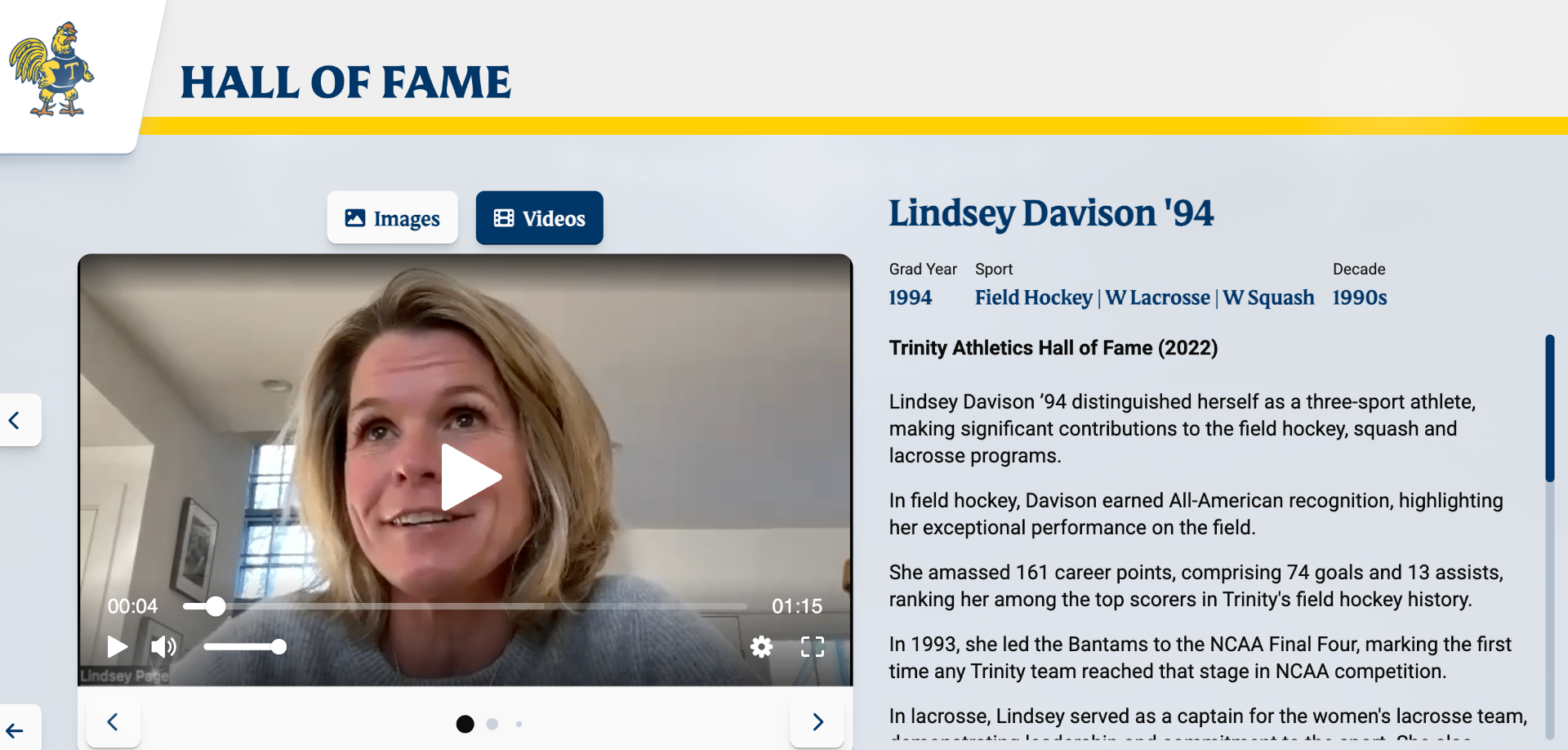 Hall of Fame profile for Lindsey Davison '94, a three-sport athlete at Trinity College.